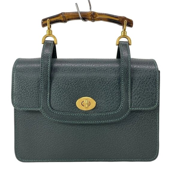 GUCCI Bamboo Dark Green Brown Leather - Handbag 801-080225 - Picture 1 of 14